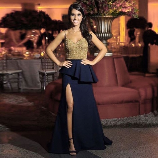 Sheath Spaghetti Straps Navy Blue Satin Prom Dress with Beading Ruffles - Click Image to Close