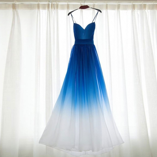 A-Line Spaghetti Straps Backless Long Ombre Blue Bridesmaid Dress - Click Image to Close