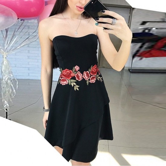 A-Line Strapless Elastic Satin Little Black Dress with Appliques - Click Image to Close