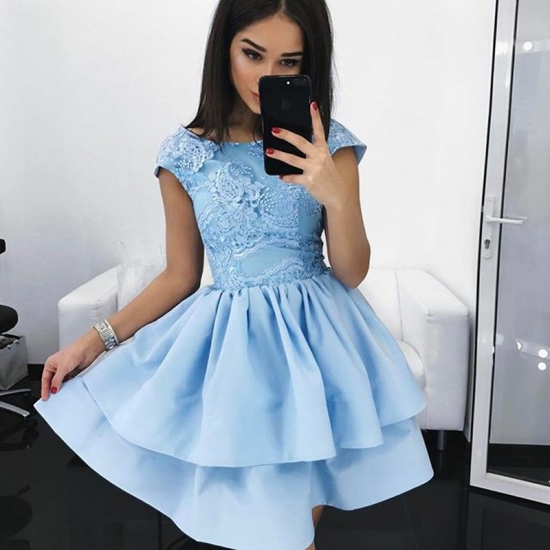 A-Line Bateau Cap Sleeves Light Sky Blue Satin Homecoming Dress with Lace - Click Image to Close