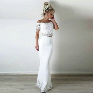 Two Piece Off-the-Shoulder Short Sleeves White Prom Dress with Lace