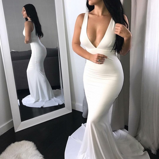 Mermaid Deep V-Neck Sleeveless Sweep Train White Elastic Satin Prom Dress - Click Image to Close