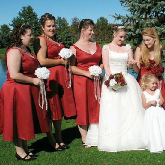 A-Line V-Neck Backless Tea-Length Red Satin Bridesmaid Dress - Click Image to Close