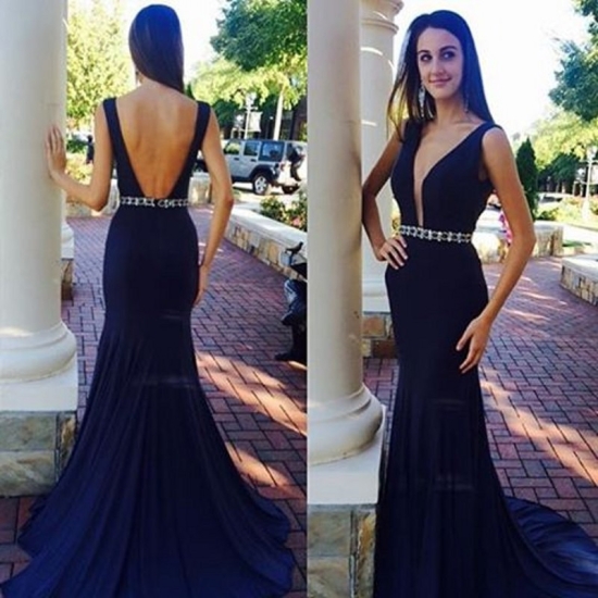 Mermaid Style Deep V-Neck Navy Blue Backless Prom Dress with Beading - Click Image to Close