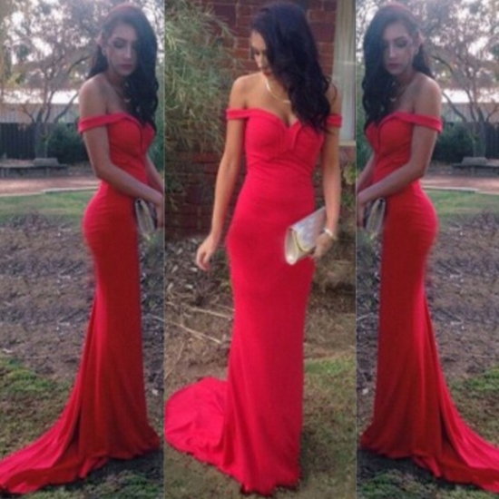 Gorgeous Prom Dress -Red Mermaid Off-the-Shoulder Sweep Train with Ruffles - Click Image to Close