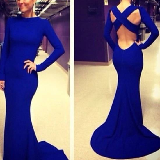 Sexy Long Prom Dress - Royal Blue Mermaid Criss Cross with Long Sleeve - Click Image to Close