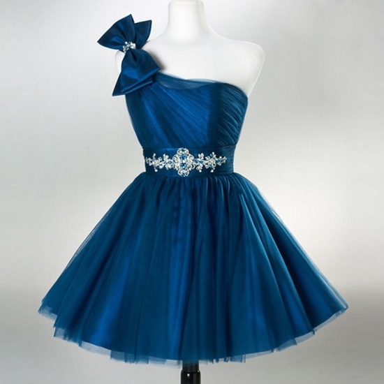 Short One Shoulder Dark Blue Homecoming Dresses with Bowknots Rhinestones - Click Image to Close