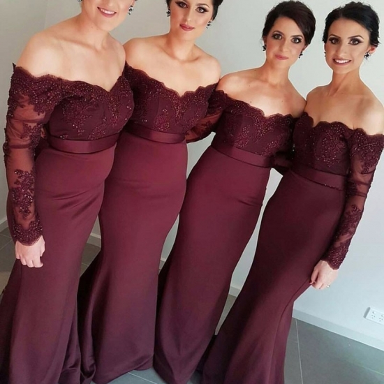 Elegant Burgundy Bridesmaid Dress - Mermaid Off Shoulder Sweep Train Long Sleeves Beaded - Click Image to Close