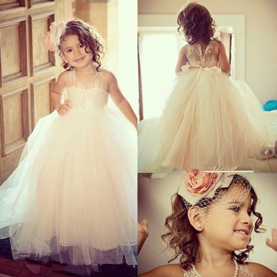 Stylish Flower Girl Dress - Jewel Sleeveless Flooor-Length with Lace Top Bowknot - Click Image to Close