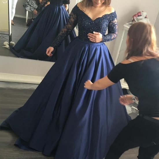 Stylish Dark Blue Prom Dress - Off Shoulder Sweep Train Long Sleeves with Beading - Click Image to Close