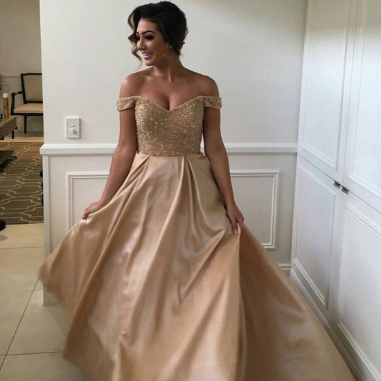 Stunning Champagne Prom Dress - Off Shoulder Sweep Train with Beading - Click Image to Close