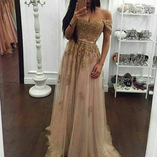 Modern Pearl Pink Prom Dress - Off Shoulder Short Sleeves Beaded Appliques with Sash - Click Image to Close