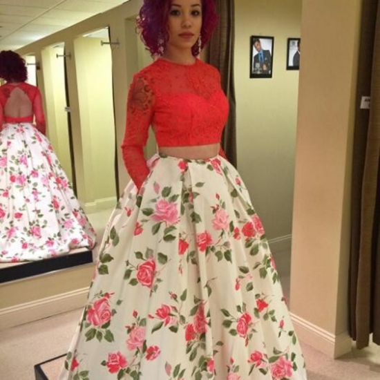 Two Piece Floral Prom Dress - Open Back Long Sleeves Floor-length Beading Lace Pockets - Click Image to Close