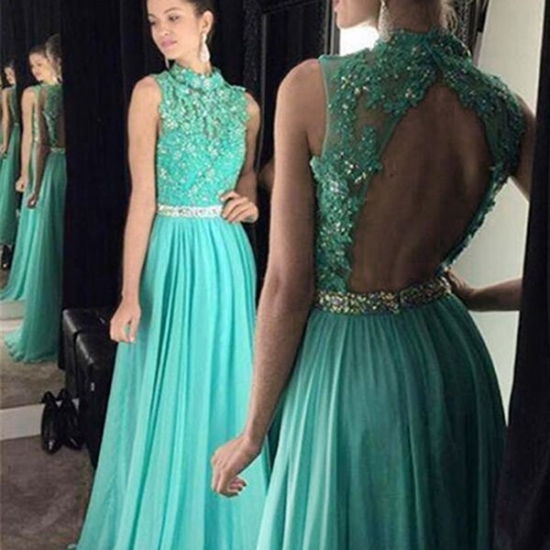 A-line Turquoise High Neck Open Back Long Prom Dress with Beading Appliques - Click Image to Close