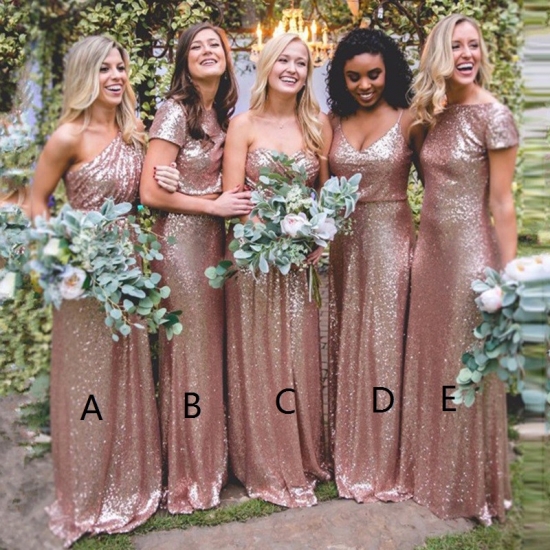 A-Line One Shoulder Floor-Length Rose Gold Sequined Bridesmaid Dress - Click Image to Close