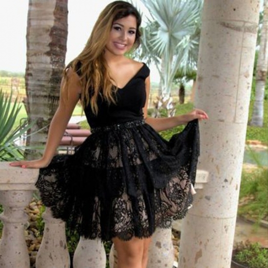 A-Line V-Neck Short Black Lace Homecoming Dress with Beading Waist - Click Image to Close