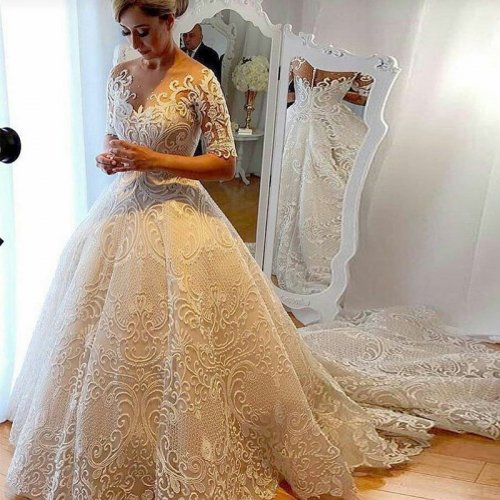 Ball Gown Bateau Half Sleeves Chapel Train Lace Wedding Dress