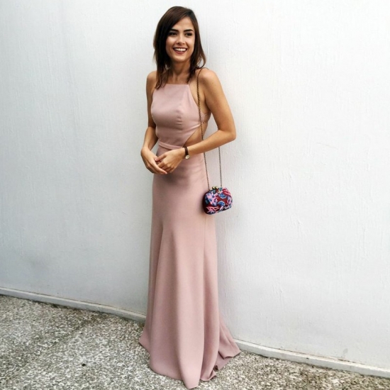 Sheath Spaghetti Straps Floor-Length Blush Backless Prom Dress - Click Image to Close