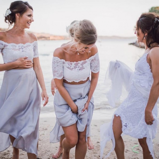 Two Piece Off-the-Shoulder Short Light Grey Chiffon Bridesmaid Dress with Lace - Click Image to Close