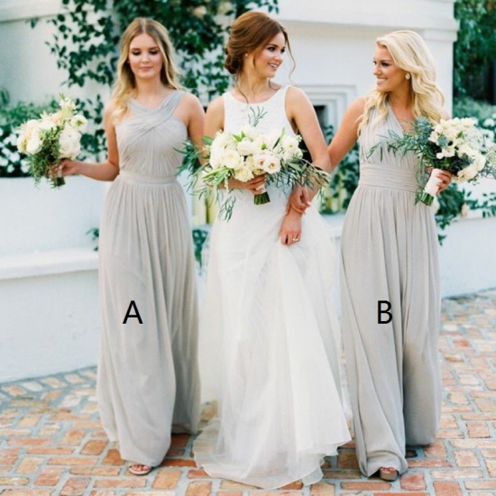 A-Line V-Neck Long Light Grey Chiffon Bridesmaid Dress - Click Image to Close