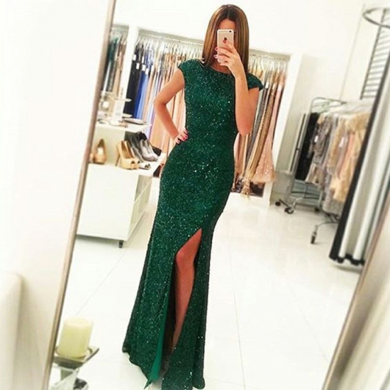 Sheath Bateau Open Back Dark Green Sequined Prom Dress with Split - Click Image to Close