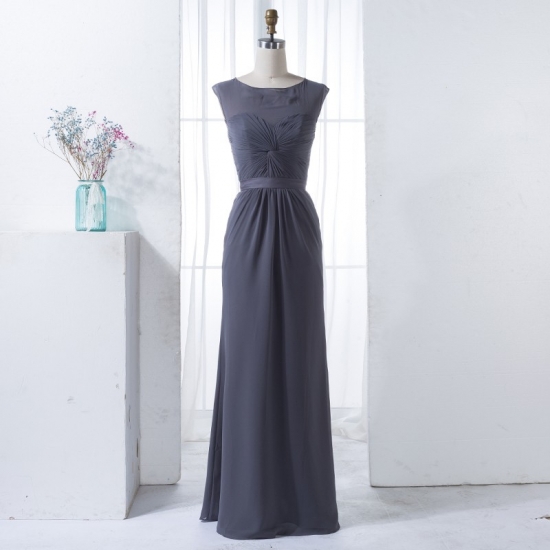 Sheath Round Neck Open Back Dark Grey Bridesmaid Dress with Pleats - Click Image to Close