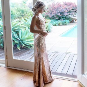 Mermaid Spaghetti Straps Floor-Length Champagne Sequined Prom Dress