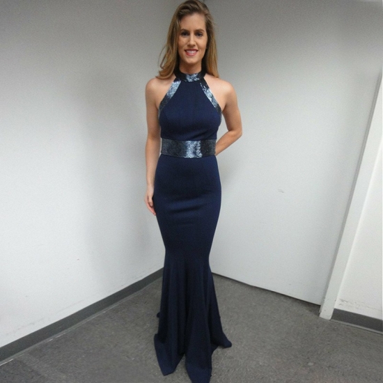 Mermaid Jewel Sleeveless Floor-Length Navy Blue Prom Dress with Sash - Click Image to Close