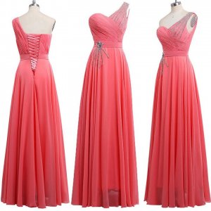 Floor Length Chiffon Prom Dress - Coral A-Line One Shoulder with Beading