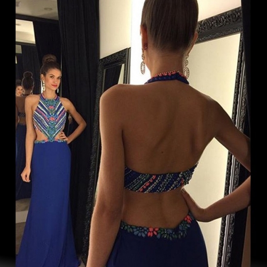 Sexy Long Prom Dress - Halter Neck Backless with Rhinestone - Click Image to Close