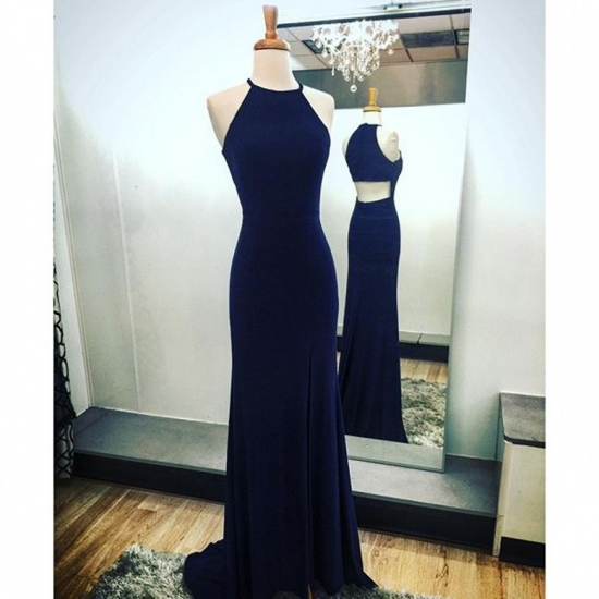 Elegant Prom Dress -Navy Blue Sheath Halter Sweep Train with Split-Side - Click Image to Close