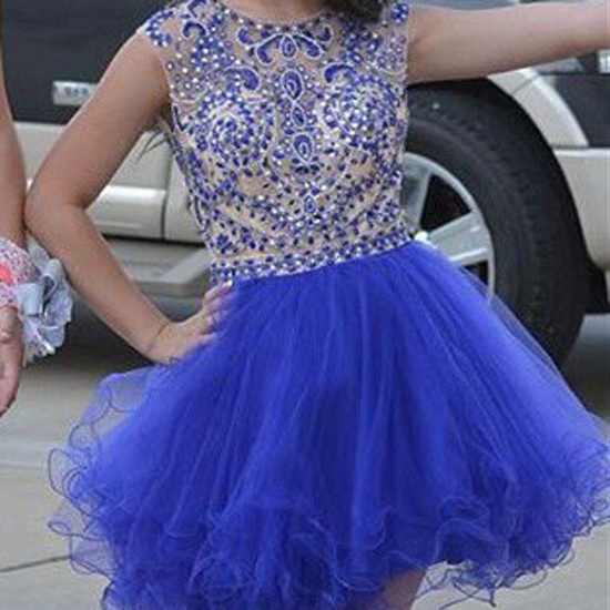 Royal Blue Homecoming Dress with Beading Short Jewel Sleeveless - Click Image to Close