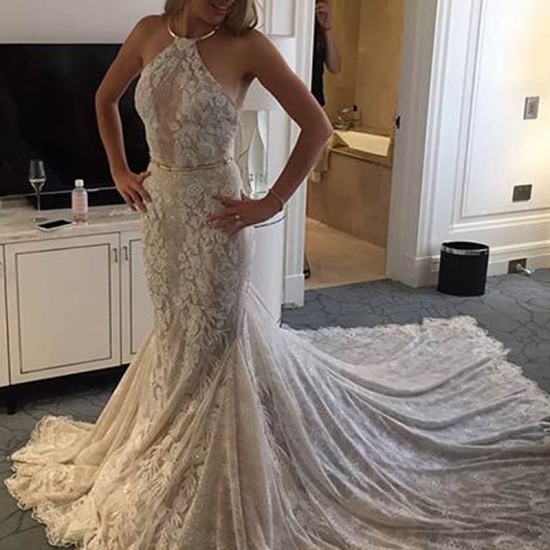 Modern Halter Sleeveless Lace Court Train Mermaid Wedding Dress with Ruched - Click Image to Close