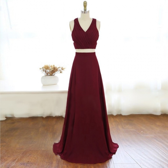 Two Piece V-Neck Criss-Cross Straps Long Burgundy Chiffon Prom Dress - Click Image to Close