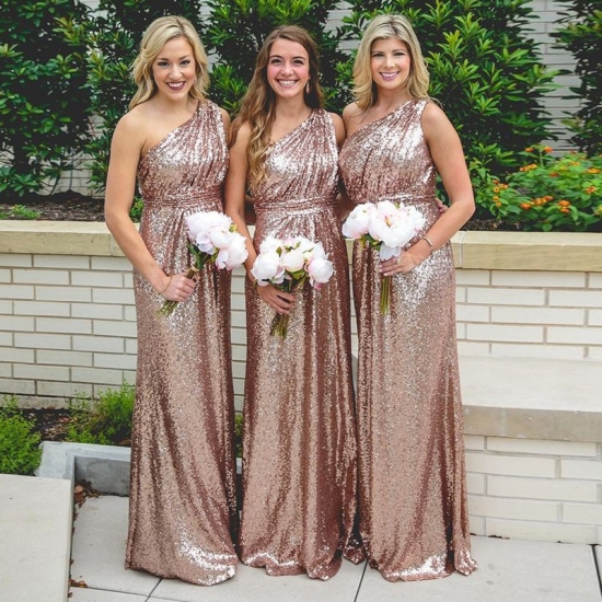 A-Line One Shoulder Long Rose Gold Sequined Bridesmaid Dress - Click Image to Close