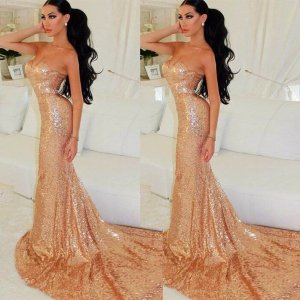 Mermaid Style Sweetheart Sweep Train Gold Sequined Prom Dress