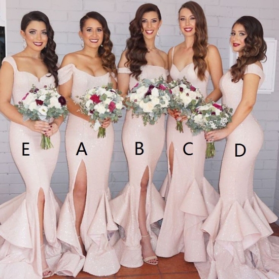 Mermaid Off-the-Shoulder Ivory Sequined Bridesmaid Dress with Split Ruffles - Click Image to Close