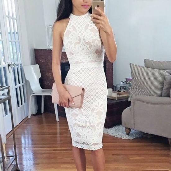 Bodycon Round Neck Knee-Length White Lace Homecoming Dress - Click Image to Close