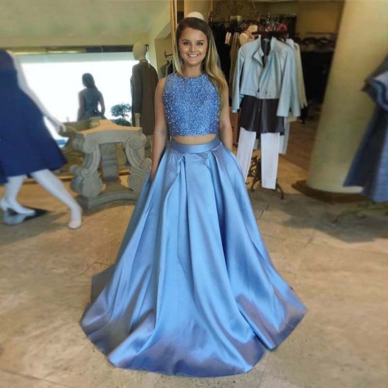 Two Piece Round Neck Light Sky Blue Open Back Prom Dress with Beading Pockets - Click Image to Close