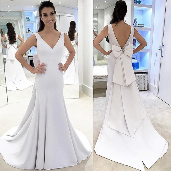 Sheath V-Neck Sweep Train Backless Ivory Satin Wedding Dress with Bowknot - Click Image to Close