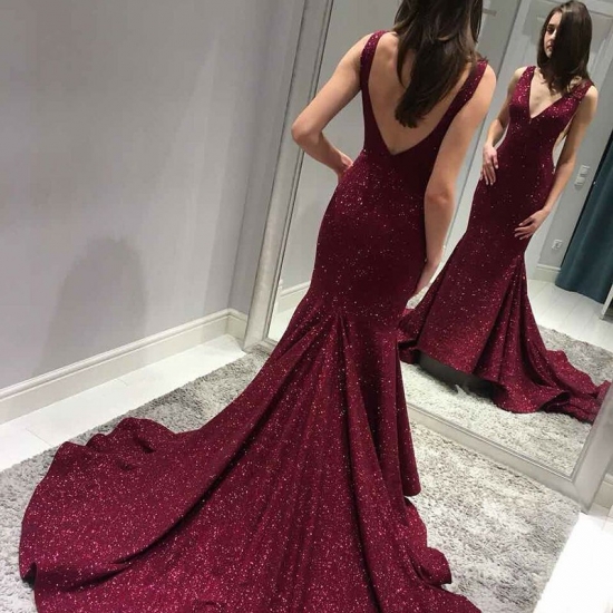 Mermaid V-Neck Backless Sweep Train Burgundy Sequined Prom Dress - Click Image to Close