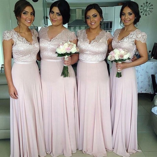 A-Line V-Neck Cap Sleeves Pearl Pink Chiffon Bridesmaid Dress with Lace - Click Image to Close