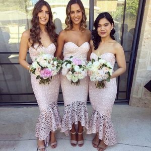 Mermaid Sweetheart High Low Pearl Pink Lace Bridesmaid Dress