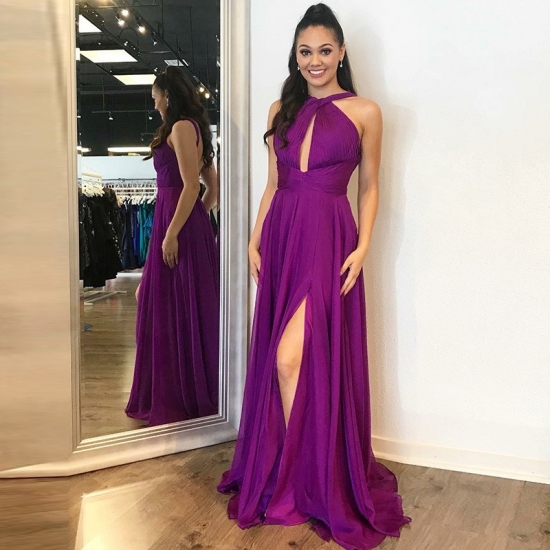 A-Line Cross Neck Backless Long Purple Chiffon Prom Dress with Keyhole - Click Image to Close