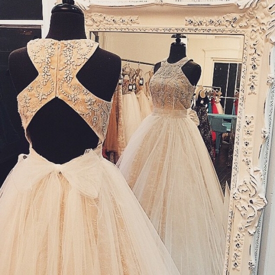 Ball Gown Jewel Champagne Tulle Prom Dress Open Back with Beading - Click Image to Close