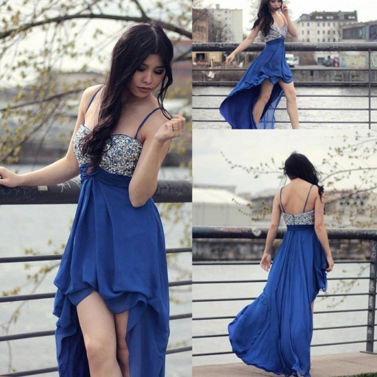 Hi-Low Chiffon Prom Dress - Royal Blue Spaghetti Straps with Beaded - Click Image to Close