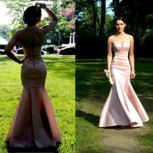 Floor Length Taffeta Prom Dress ---Pink Mermaid Sheer Neck