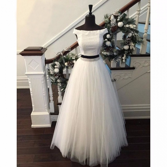 New Arrival Two Piece Prom Dress - Off-the-Shoulder Tulle with Beaded - Click Image to Close