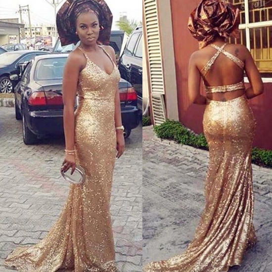 Sexy Prom Dress -Gold Mermaid V-Neck Sleeveless with Sequins - Click Image to Close