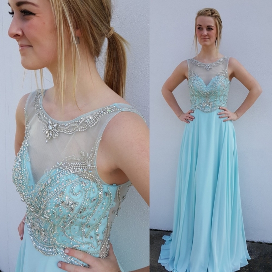 Elegant Floor Length Prom Party Dress - Blue Scoop Backless Tops with Beaded - Click Image to Close